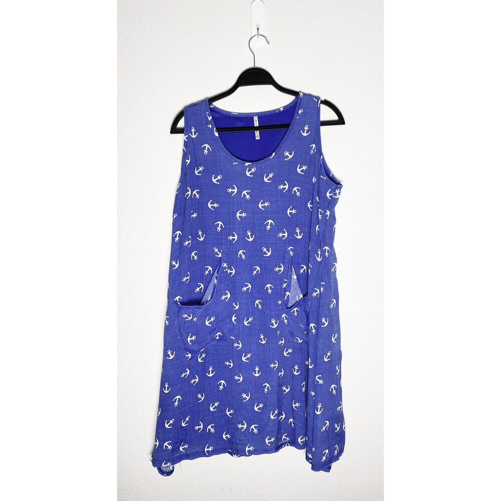 India Boutique Women's Gauzy Cotton Dress Blue White Achor Sleeveless Flowy